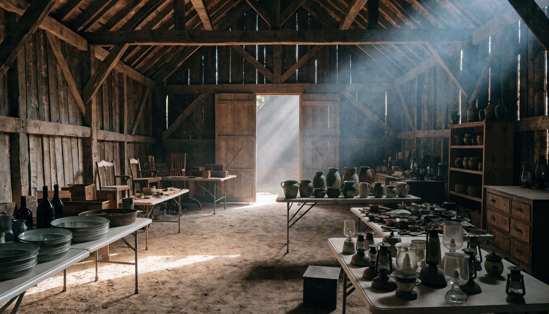Tables of household goods and antiques laid out in an old barn (representative image)